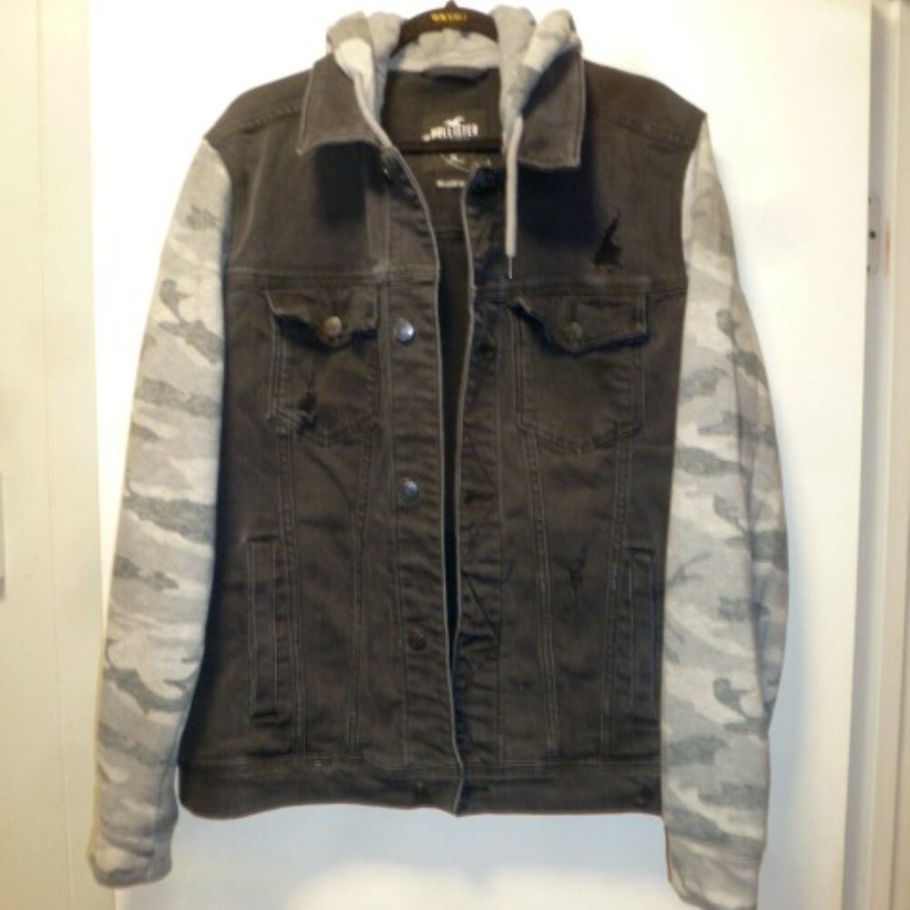 Hollister Men's Black Camo Hooded Denim Jacket - XL